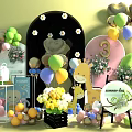 Colorful Balloons for Sweet First Birthday Party with Decorative Arch Flower Bouquet and Cake