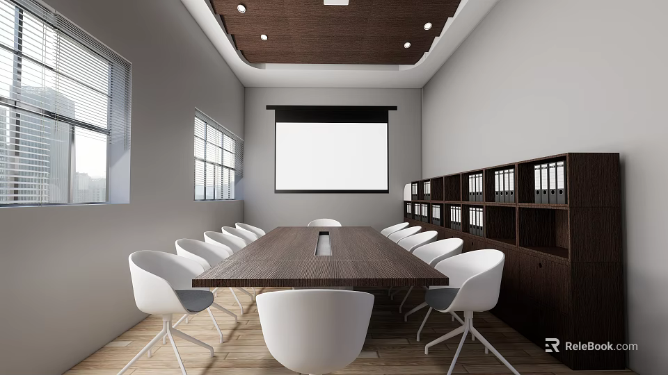 Conference Room Interior With Long Wooden Table White Chairs Projector Screen Bookshelves And Recessed Lights 3d model 