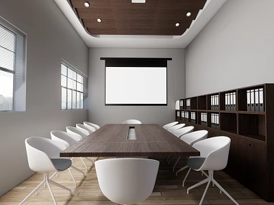 Conference Room Interior With Long Wooden Table White Chairs Projector Screen Bookshelves And Recessed Lights 3d model