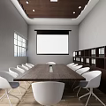 Conference Room Interior With Long Wooden Table White Chairs Projector Screen Bookshelves And Recessed Lights