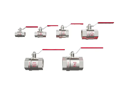 Stainless Steel Ball Valves With Red Handles In Multiple Sizes And Models 3d model