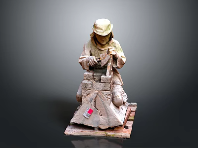 Architectural Sculpture of Construction Worker With Craft Tools and Wooden Base 3d model