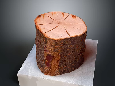 Natural Wooden Stump With Bark Texture On White Stone Base 3d model