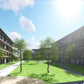 Mixed Style Building Complex With Traditional Modern Architecture Green Landscaping And Trees