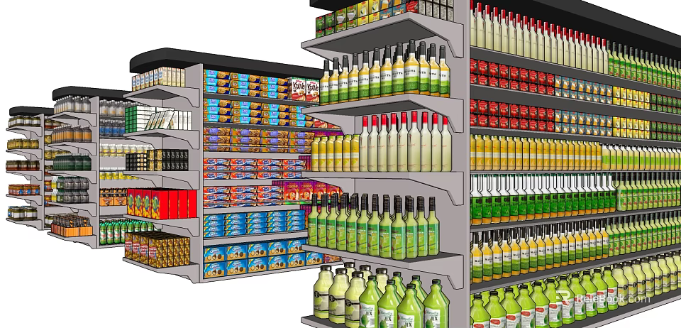 Organized Retail Display Shelves With Bottled Drinks And Boxed Food In Store 3d model 
