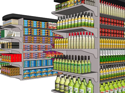 Organized Retail Display Shelves With Bottled Drinks And Boxed Food In Store 3d model