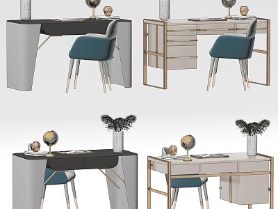 Modern Elegant Desk Designs With Blue Chair Globe And Decorative Vase 3d model