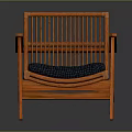 Wooden Leisure Chair with Vertical Slat Backrest Curved Armrests and Blue Cushioned Seat
