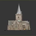 Church Model With Red Brick Structure Gray Spire Green Roof And Windows On Base