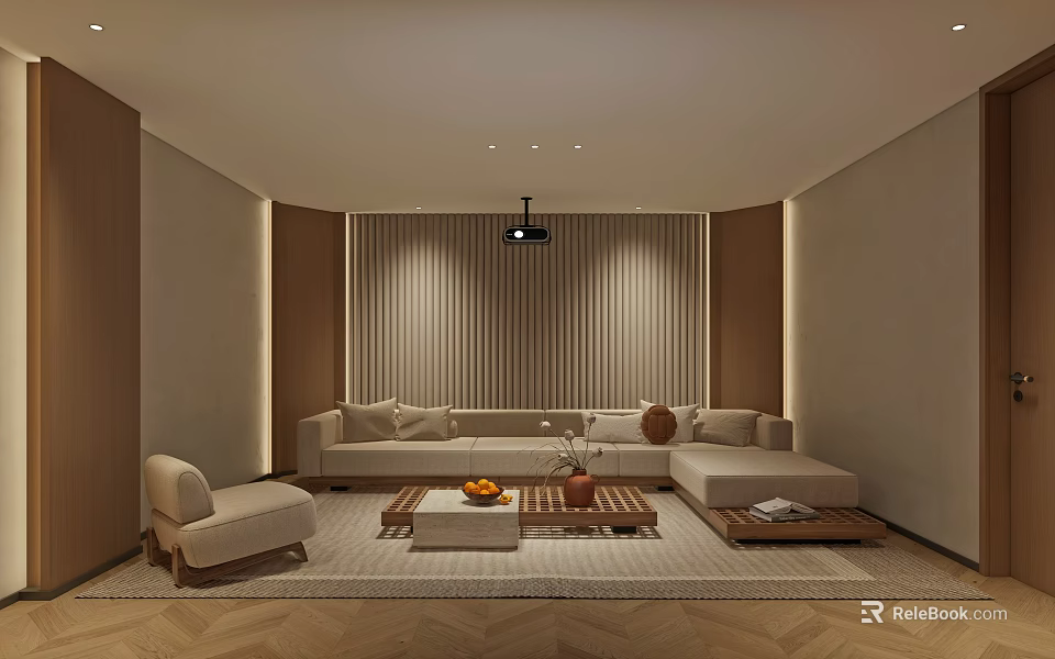 Modern Home Theater Room With Comfortable Sofa Projector Warm Lighting And Wooden Panels 3d model 