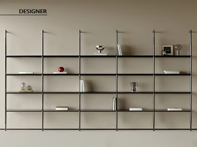 Modern Designer Bookshelf With Black Frame And Layered Shelves Holding Books And Decorative Items 3d model