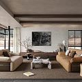 Modern Living Room Sofa Set With Beige Brown Couches Coffee Table Artwork And Natural Light