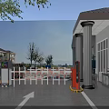 Modern Residential Community Entrance Equipped With Automatic Access Control Barrier Gate And Stylish Security Booth