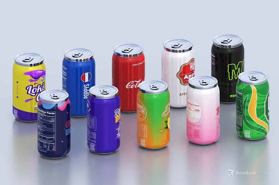 Assorted Beverage Cans With Different Brands And Colorful Designs On 3d model