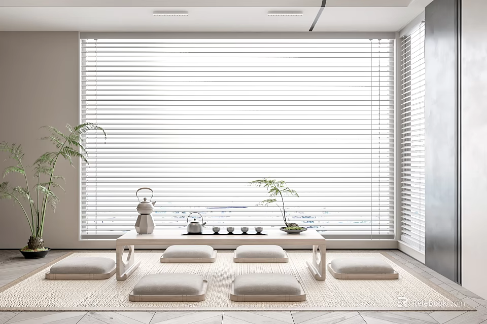 Japanese Tea Table and Chairs with Tatami Mat Floor Cushions Window Blinds and Potted Plant 3d model 