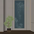 Vertical Mountain Landscape Painting With Small Potted Tree In Modern Interior