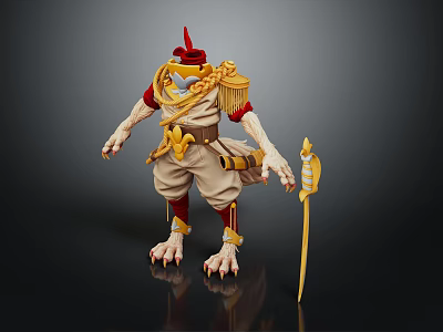 Fantasy Creature Character With Red Crested Hat Gold Decorations Beige Outfit Clawed Feet And Staff 3d model