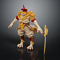 Fantasy Creature Character With Red Crested Hat Gold Decorations Beige Outfit Clawed Feet And Staff