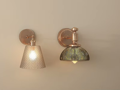 Modern Copper Wall Sconces with Textured Glass Shades Illuminated on Beige Wall 3d model