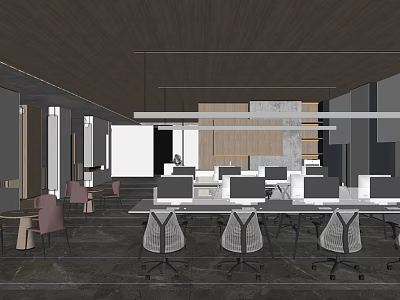 Modern Public Office Space With Workstations Computers Ergonomic Chairs And Wooden Ceiling 3d model