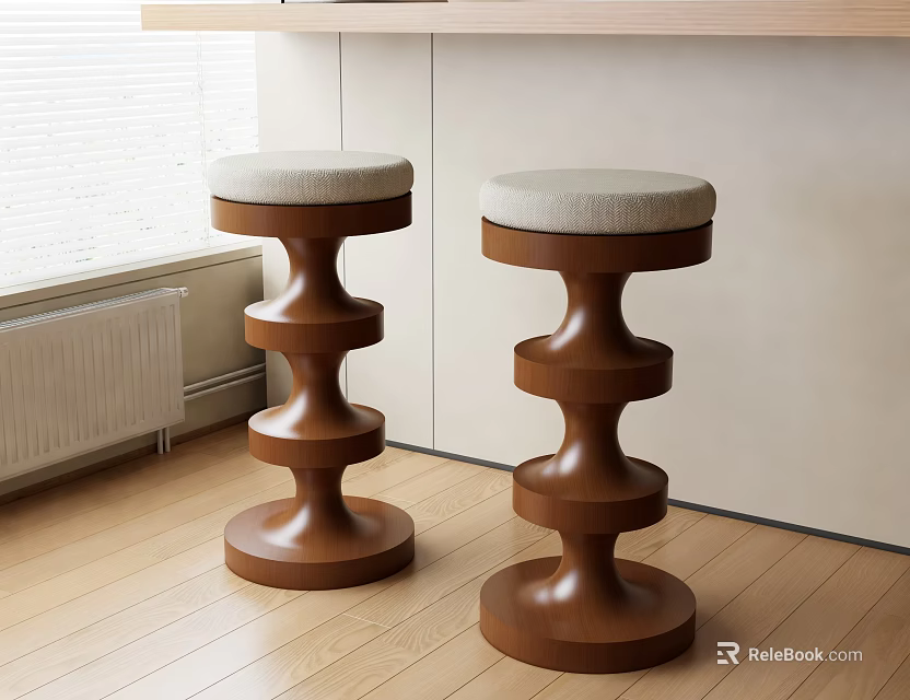 Two stylish wooden bar stools with spiral base and upholstered seat in modern interior space 3d model 