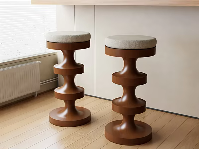 Two stylish wooden bar stools with spiral base and upholstered seat in modern interior space 3d model