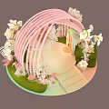 Floral Installation Design With Pink Arch White Pink Flowers Green Grass Decorative Steps And Silhouette Figure