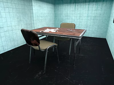 Simple Wooden Table And Chairs Set With Papers On Top In Blue Green Wall Room 3d model