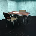 Simple Wooden Table And Chairs Set With Papers On Top In Blue Green Wall Room