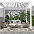 Outdoor Sofa Set With Wicker Chairs And Coffee Table Under White Pergola With Green Plants