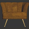 Elegant Brown Leather Single Sofa With Scalloped Back And Gold Metal Legs