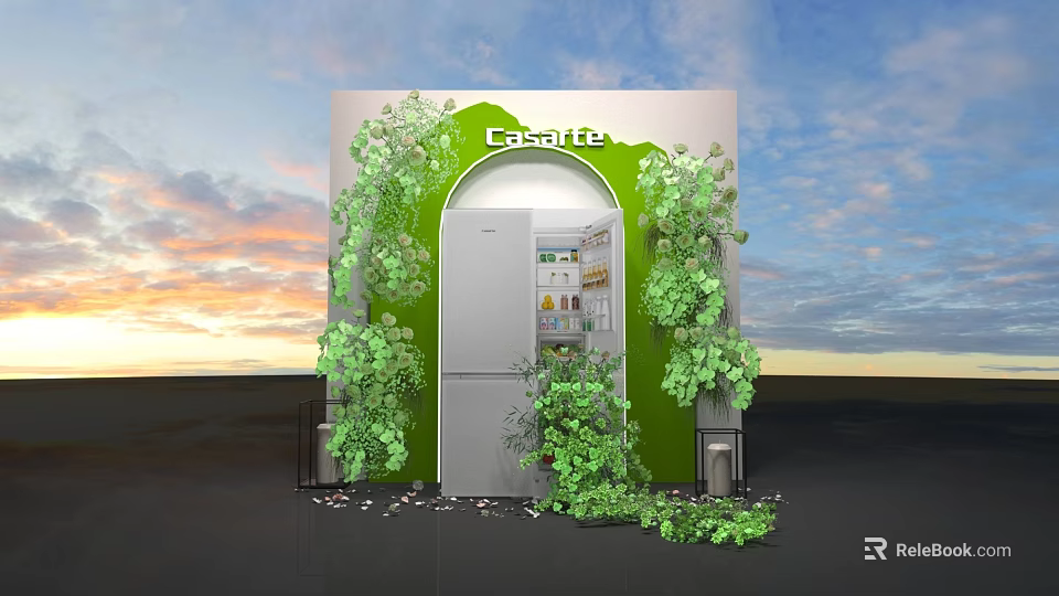 Casarte Display Area With Arched Door Green Plants And Silver Refrigerator Against Sky Sunset Background 3d model 
