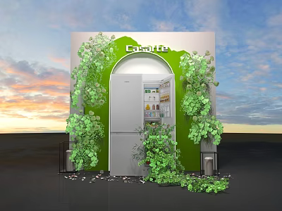 Casarte Display Area With Arched Door Green Plants And Silver Refrigerator Against Sky Sunset Background 3d model