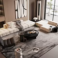 Modern Beige Sofa and Black Coffee Table Set with Area Rug and Floor-to-Ceiling Windows