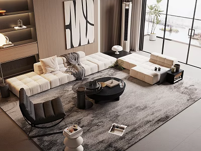 Modern Beige Sofa and Black Coffee Table Set with Area Rug and Floor-to-Ceiling Windows 3d model