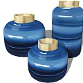 Blue Ceramic Vases with Gold Rim Modern Decorative Set of Three