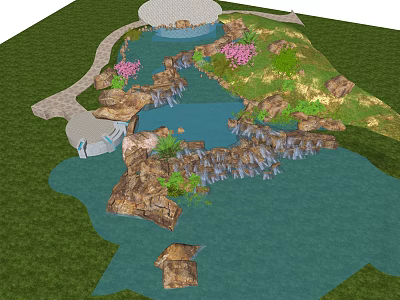Elegant Waterfront Landscape with Rockery Pathway Pink Flowers and Green Plants 3d model