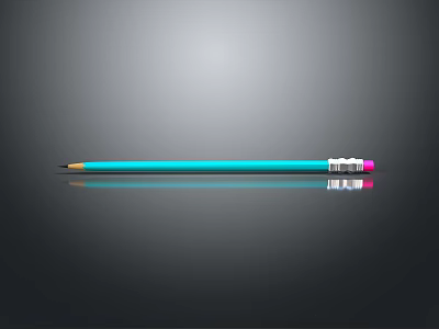 Blue Pencil With Pink Tip And Silver Clip On Black Smooth Surface With Reflection 3d model