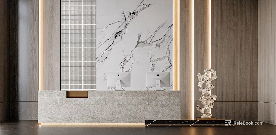 Elegant Modern Reception Desk Interior Design With Marble Wall Sculpture And Lighting 3d model 