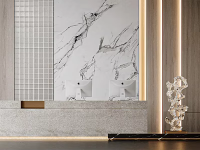 Elegant Modern Reception Desk Interior Design With Marble Wall Sculpture And Lighting 3d model