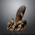 Wooden Carp Sculpture with Detailed Scales and Waves Shaped Base