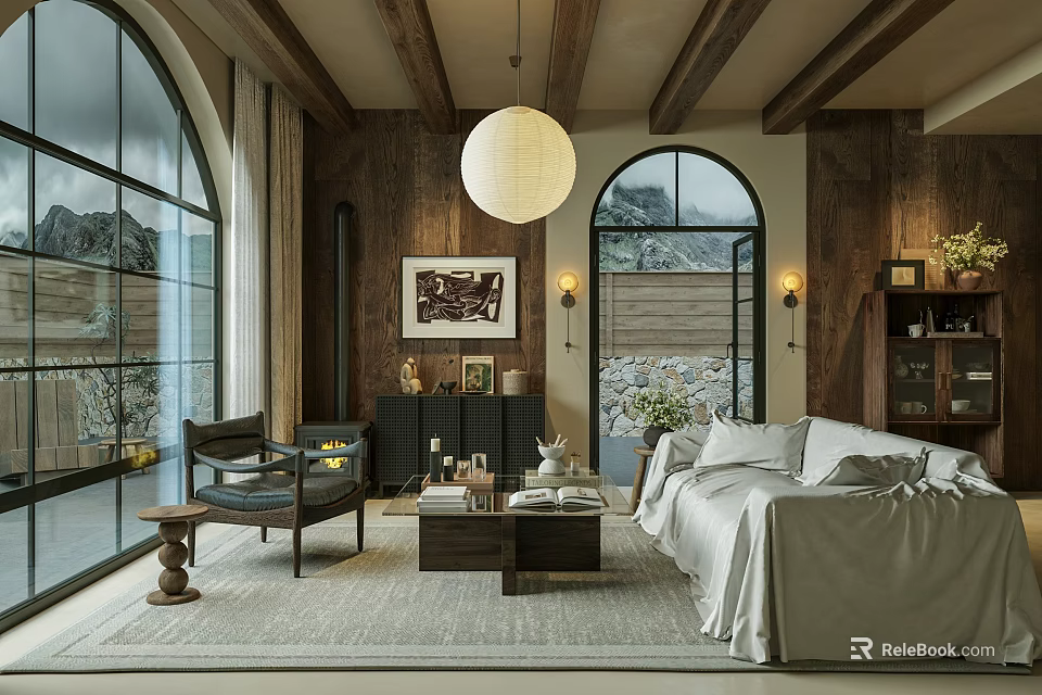 Modern Living Room With Wooden Beamed Ceiling Round Pendant Light Arched Windows And Cozy Sofa 3d model 