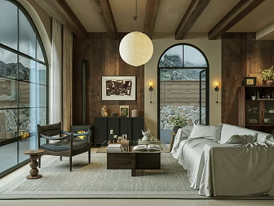Modern Living Room With Wooden Beamed Ceiling Round Pendant Light Arched Windows And Cozy Sofa 3d model