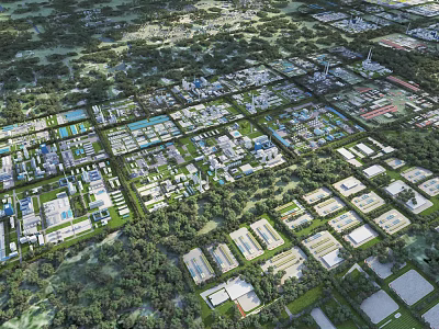 Aerial Planning of Modern Urban Area With Organized Buildings And Green Spaces 3d model