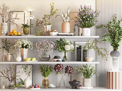 Stylish Vase And Floral Arrangements On Tiered Shelves With Various Plants Fruits And Decorative Accents 3d model