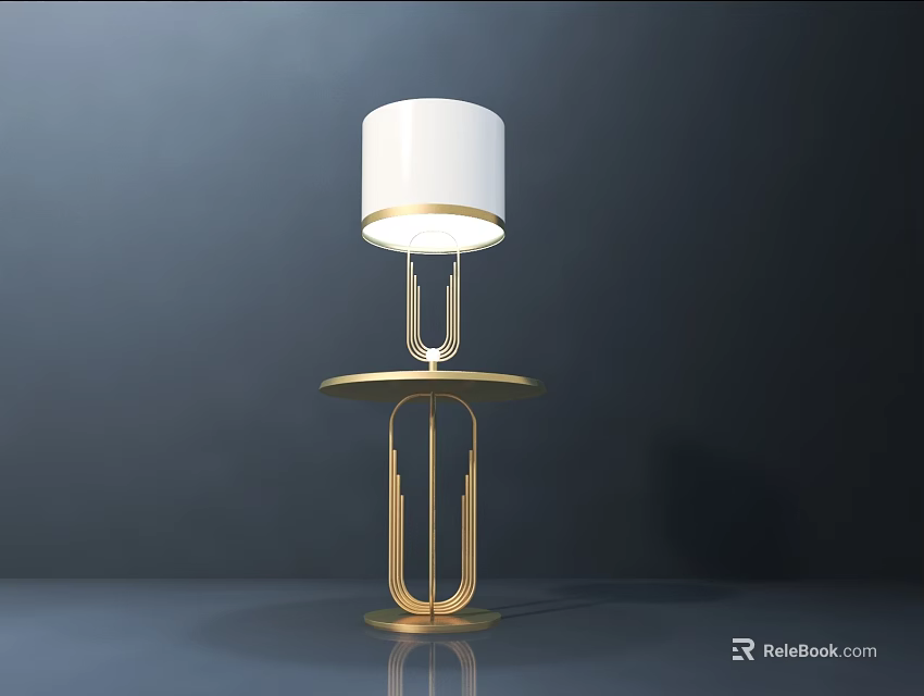 Modern Table Lamp With White Shade Gold Metal Stand And Circular Tray Table 3d model 