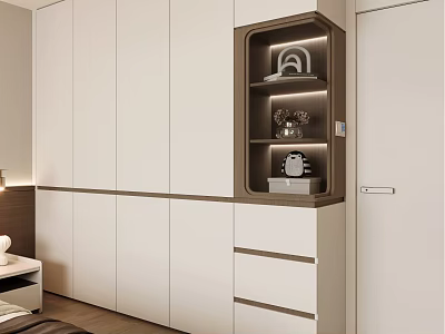 Modern White Wardrobe Design With Illuminated Niche Decorative Items And Storage Drawers 3d model