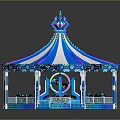 Children Enjoying Colorful Carousel Ride With Blue White Striped Canopy And Lights