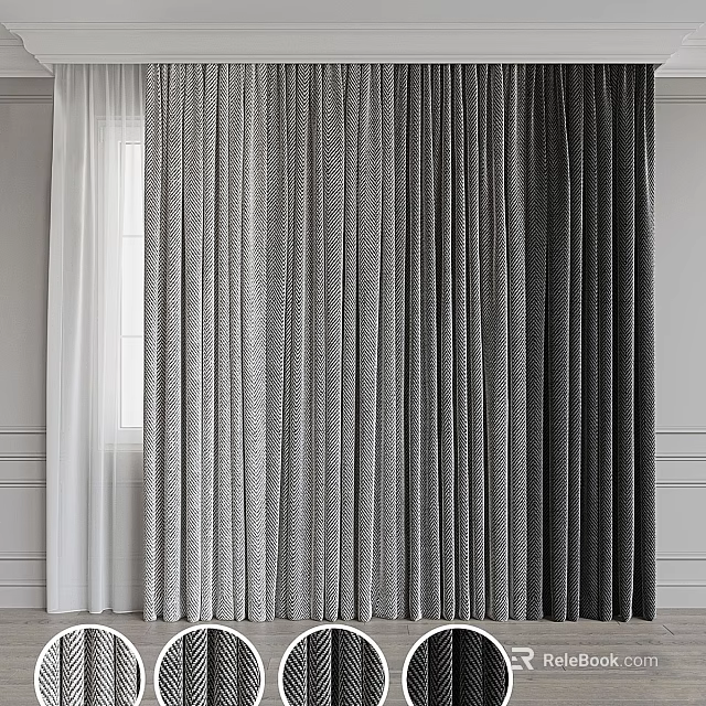 Modern Minimalist Curtains in Neutral Gray Textured Fabric for Window Treatment 3d model 