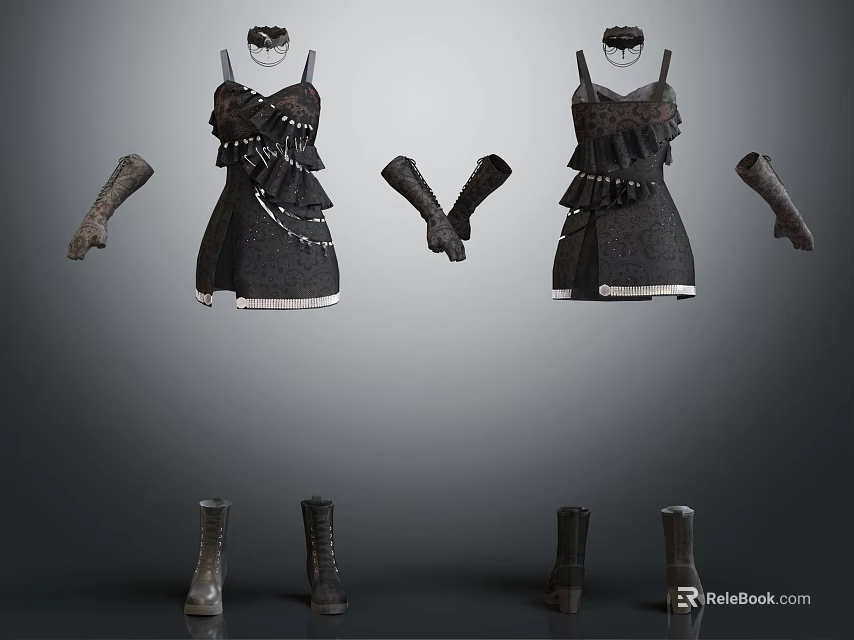 Black Dresses With Layered Design And Decorations Paired With Knee High Boots And Short Boots 3d model 